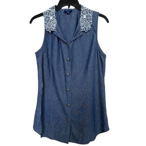 Pendleton Women’s Sz M Denim Blue Sleeveless Blouse Crochet Neckline
